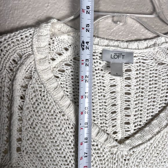 Ann Taylor Loft Sz S Long-Sleeve Open Knit Sweater White 100% Cotton V-Neck - Picture 9 of 10